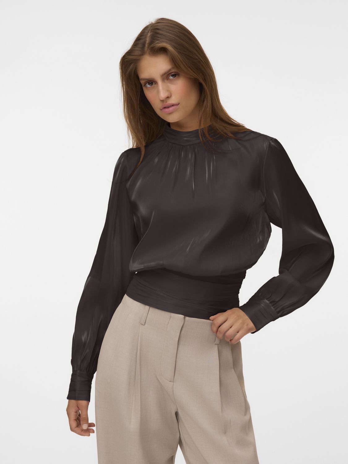 Vmpolly Ls High Neck Top Wvn Brun