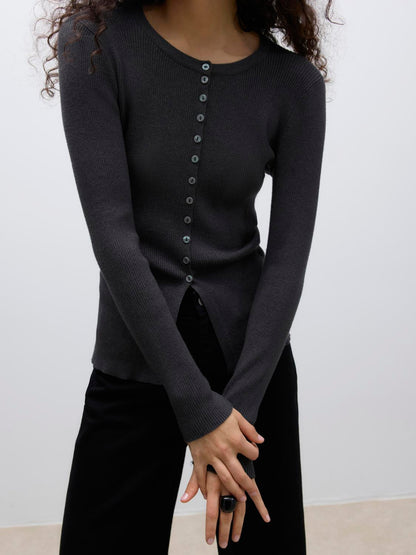 Awukino Ls O-Neck Knit Cardigan Mørkegrå