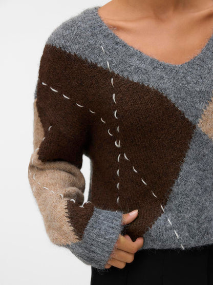 Vmbliss Ls V-Neck Handstitch Pullover Ga Grå