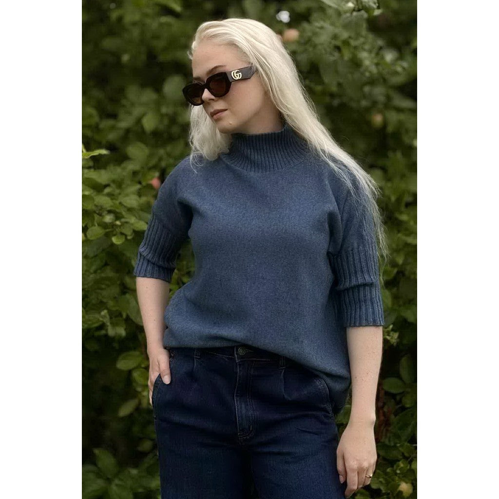 Highneck shortsleeved knit Jeansblå