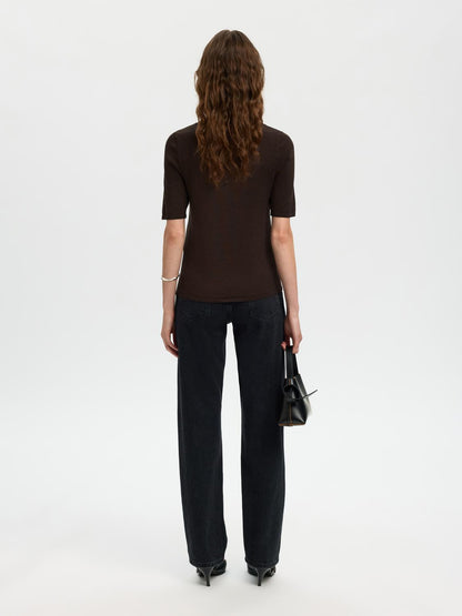 Slflura 2/4 Knit O-Neck Brun