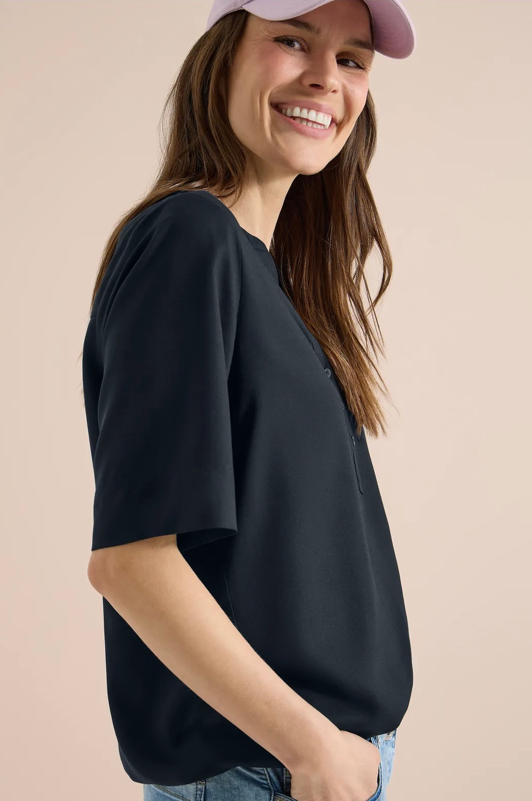 SOLID SPLITNECK BLOUSE NOS Marine