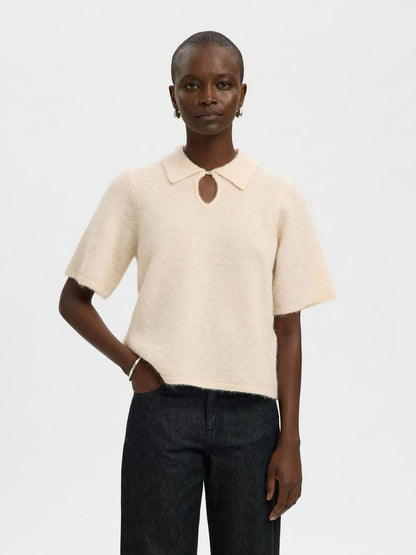 Slfsia Ras 2/4 Knit Key Hole Collar Neck Beige