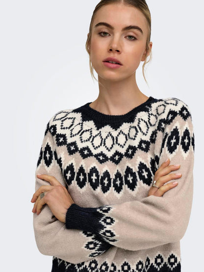 Onlrusty Ls Fair Isle O-Neck Bf Knt Blå