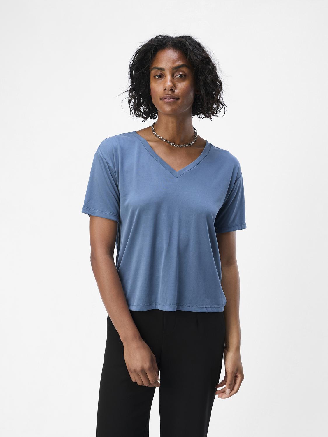 OBJANNIE RE S/S V-NECK TOP NOOS Blå