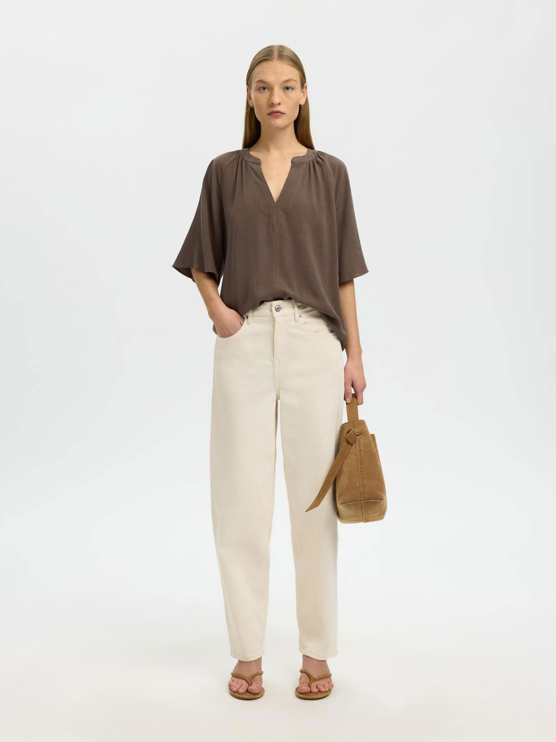 Slwviva 2/4 V-Neck Linen Blend Top Noos Beige