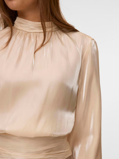 Vmpolly Ls High Neck Top Wvn Beige