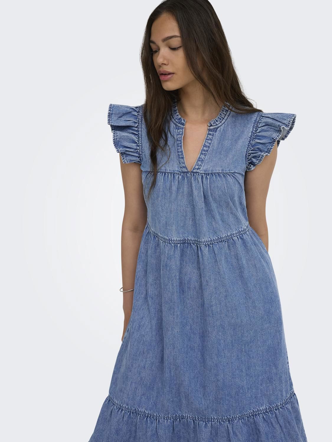 Onlshania S/l Frill Midi Dnm Dress Akm Blå