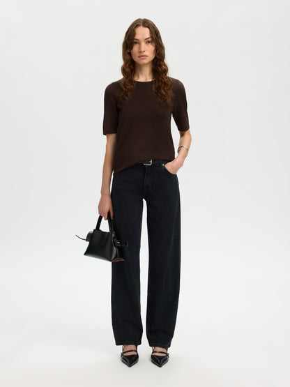 Slflura 2/4 Knit O-Neck Brun