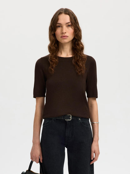 Slflura 2/4 Knit O-Neck Brun