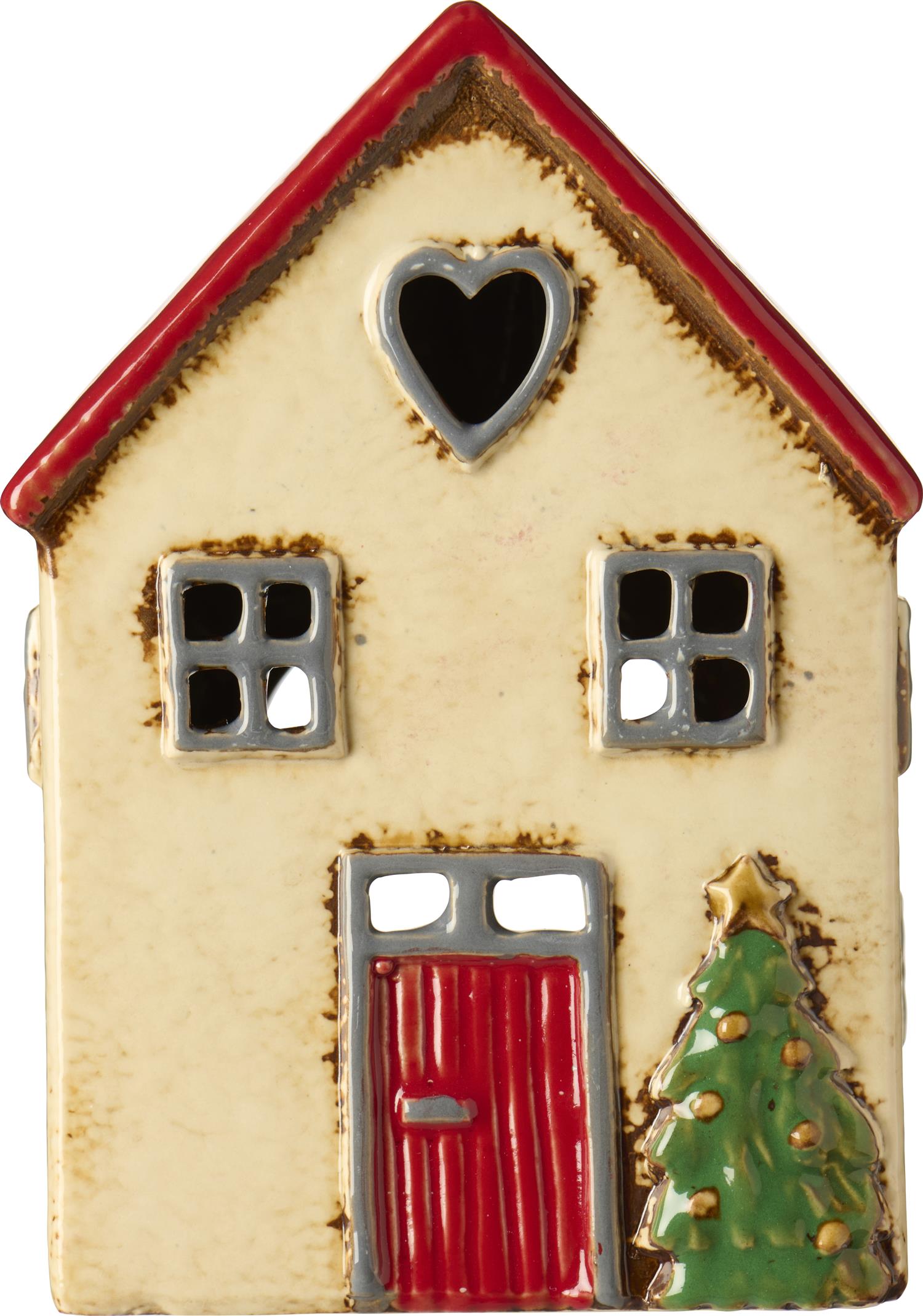 Hus for telys Stille natt rødt tak og juletre foran huset