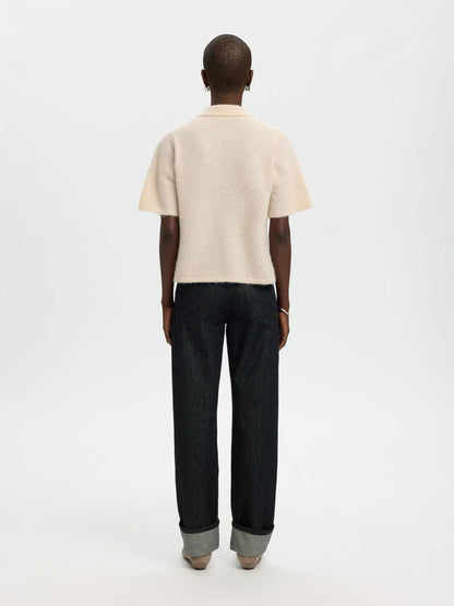 Slfsia Ras 2/4 Knit Key Hole Collar Neck Beige