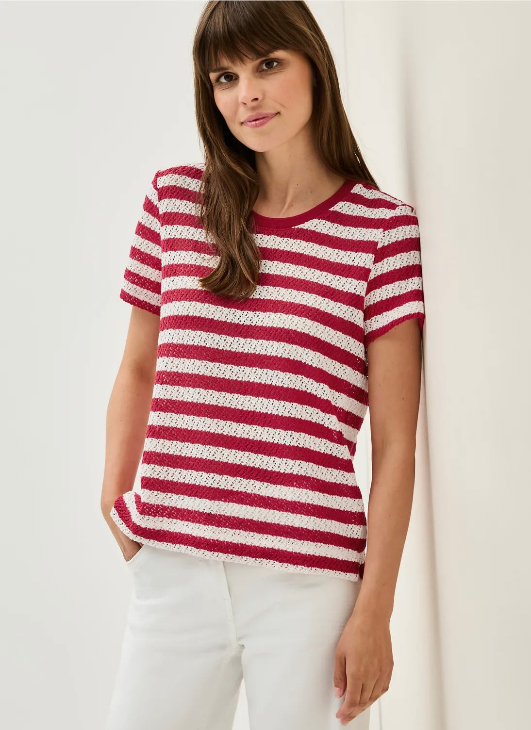 AJOUR STRIPE T-SHIRT Rød