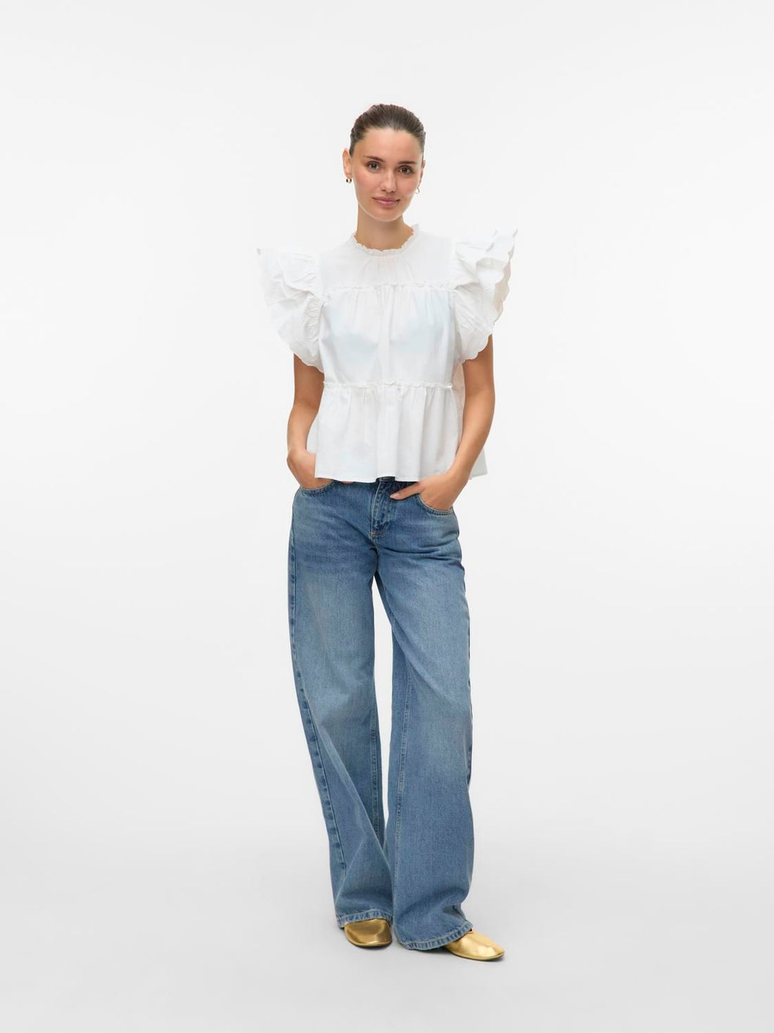 Vmisolde Sl O-Neck Frill Top Wvn Exp Sb2 Hvit