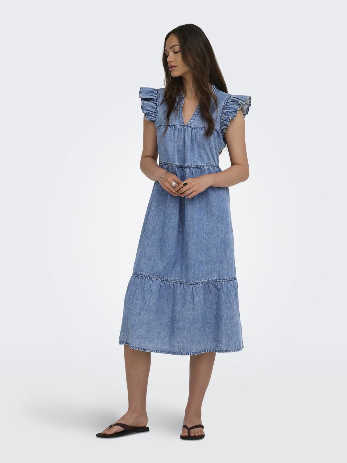 Onlshania S/l Frill Midi Dnm Dress Akm Blå