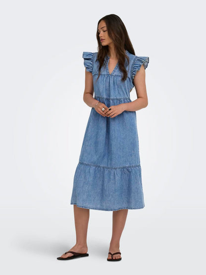 Onlshania S/l Frill Midi Dnm Dress Akm Blå