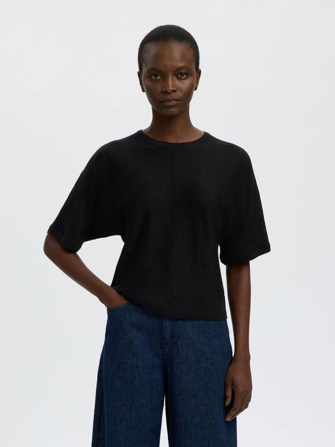 Slfjane Linen 2/4 Bat Knit O-Neck Sort
