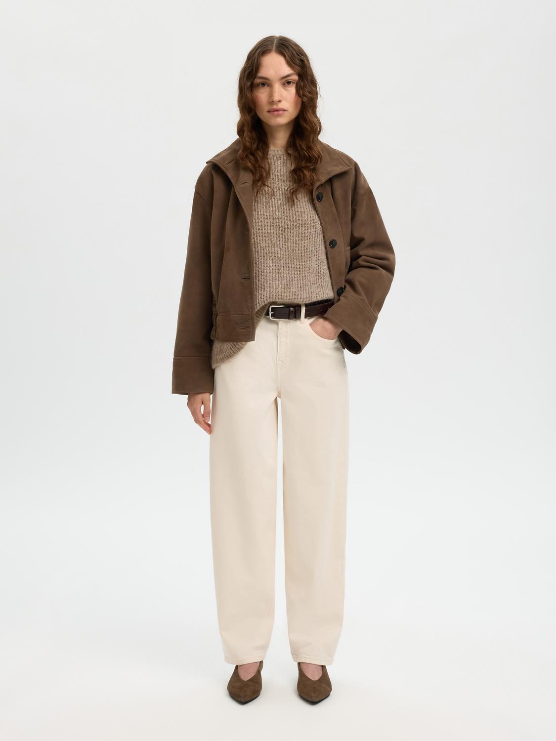 Slflulu Loose Ls Knit O-Neck Beige