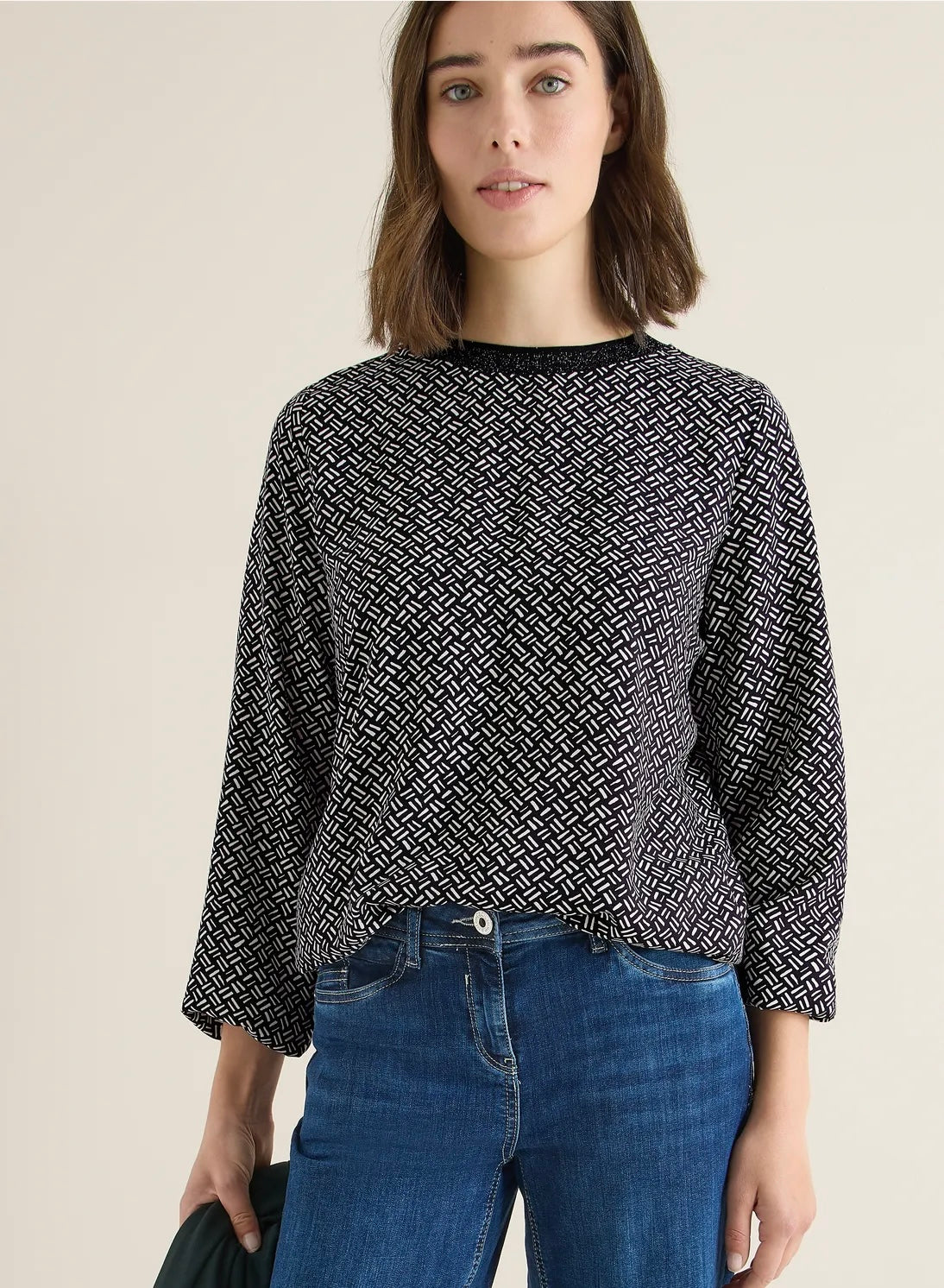 AOP viskose blouse with lurex Svart