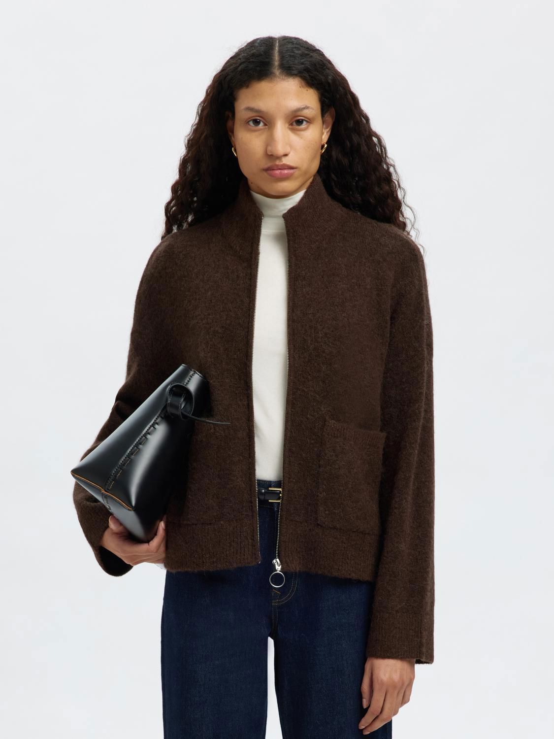 Slwsia Ras Ls Knit Zipper Cardigan Noos Brun