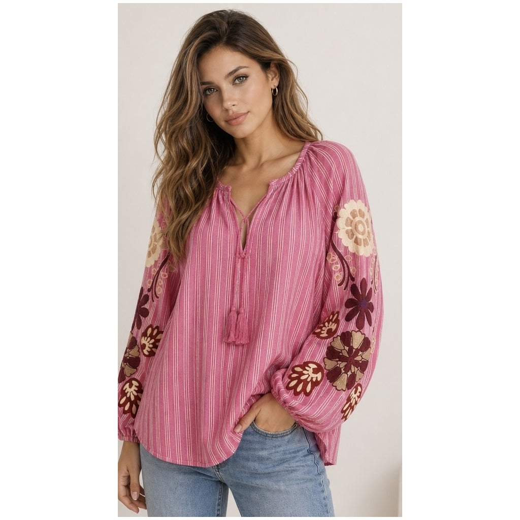 BOHEME SHIRT W/EMBRODERY &amp; STRIPES Burgunder