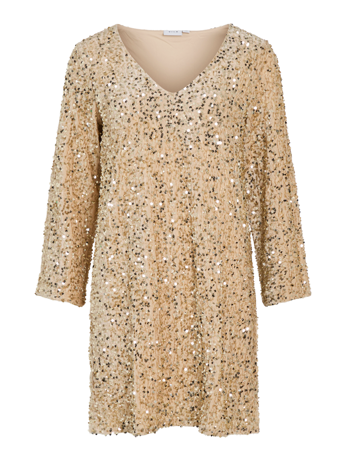 VIFAITH V-NECK L/S SEQUIN DRESS/VOL Frosted Almond