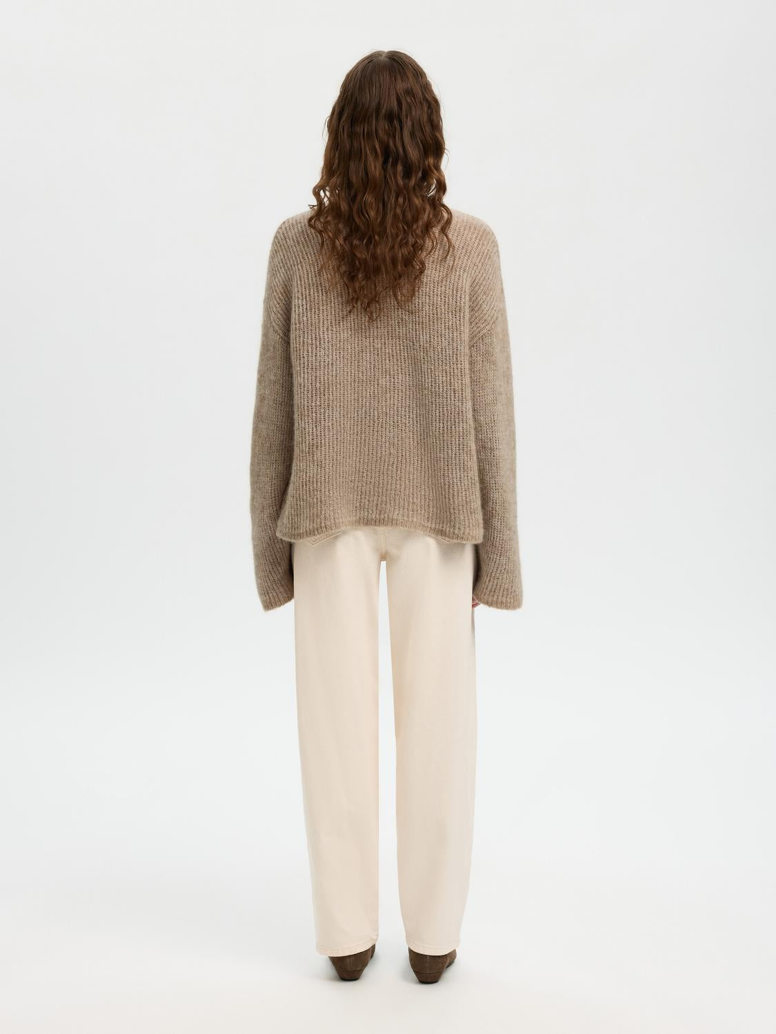 Slflulu Loose Ls Knit O-Neck Beige