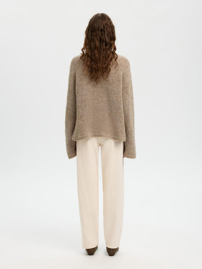 Slflulu Loose Ls Knit O-Neck Beige