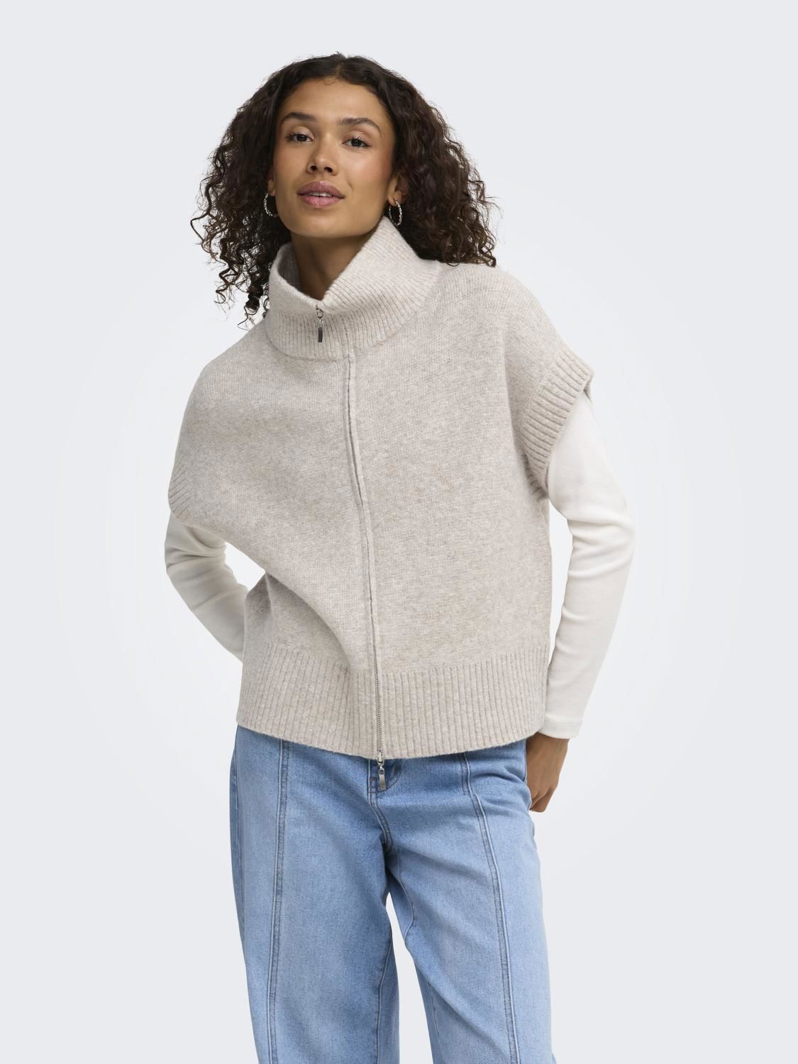 Jdylea S/l Hn 2way Zip Vest Knt Noos Beige