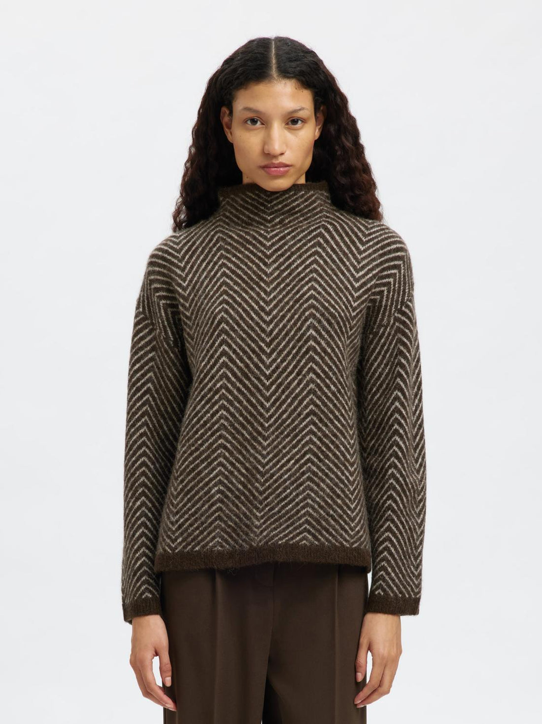 Slflulu Ls Herringbone Knit High Neck Mørkebrun