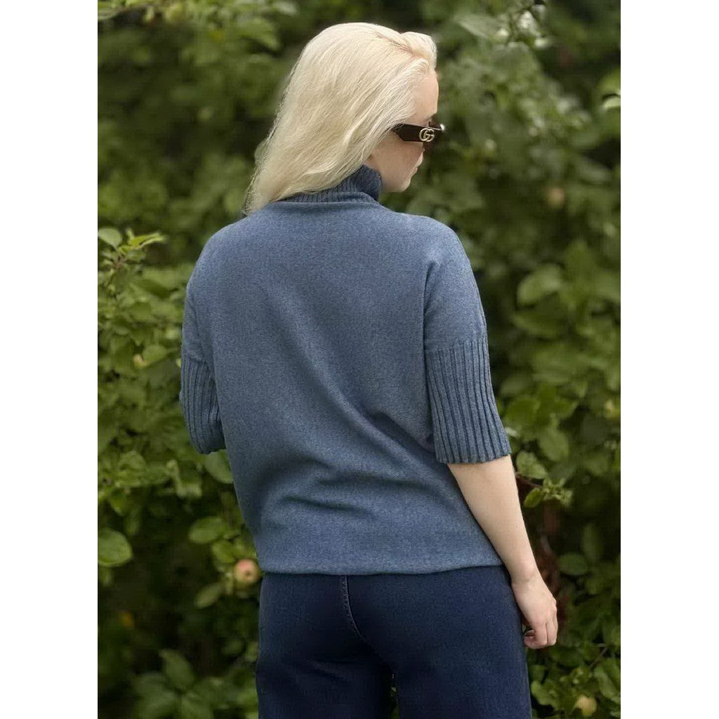 Highneck shortsleeved knit Jeansblå