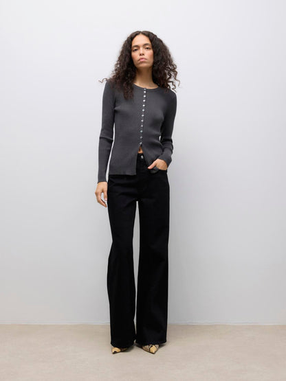 Awukino Ls O-Neck Knit Cardigan Mørkegrå