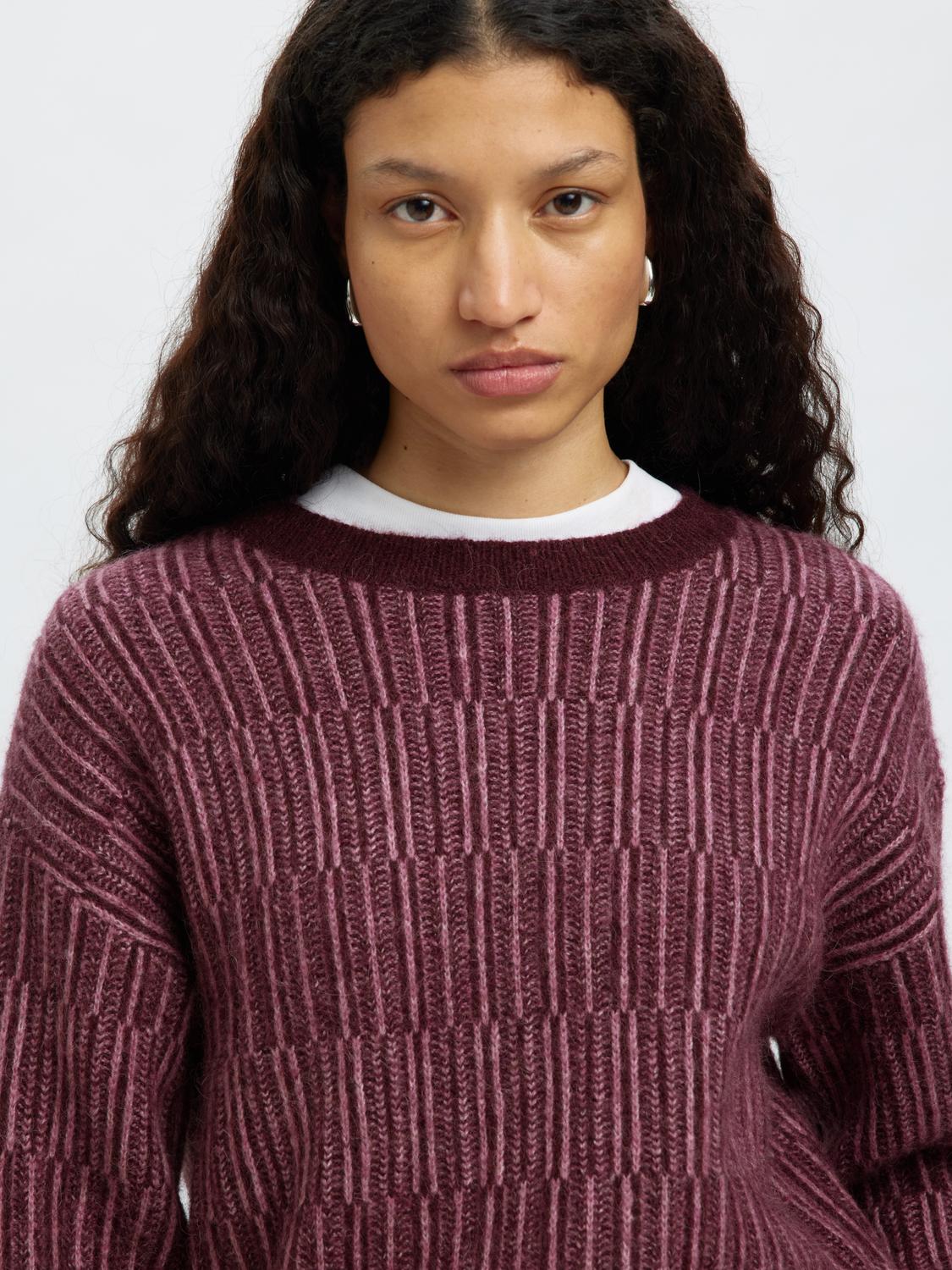 Slfalva Ls Knit Stripe O-Neck Burgunder