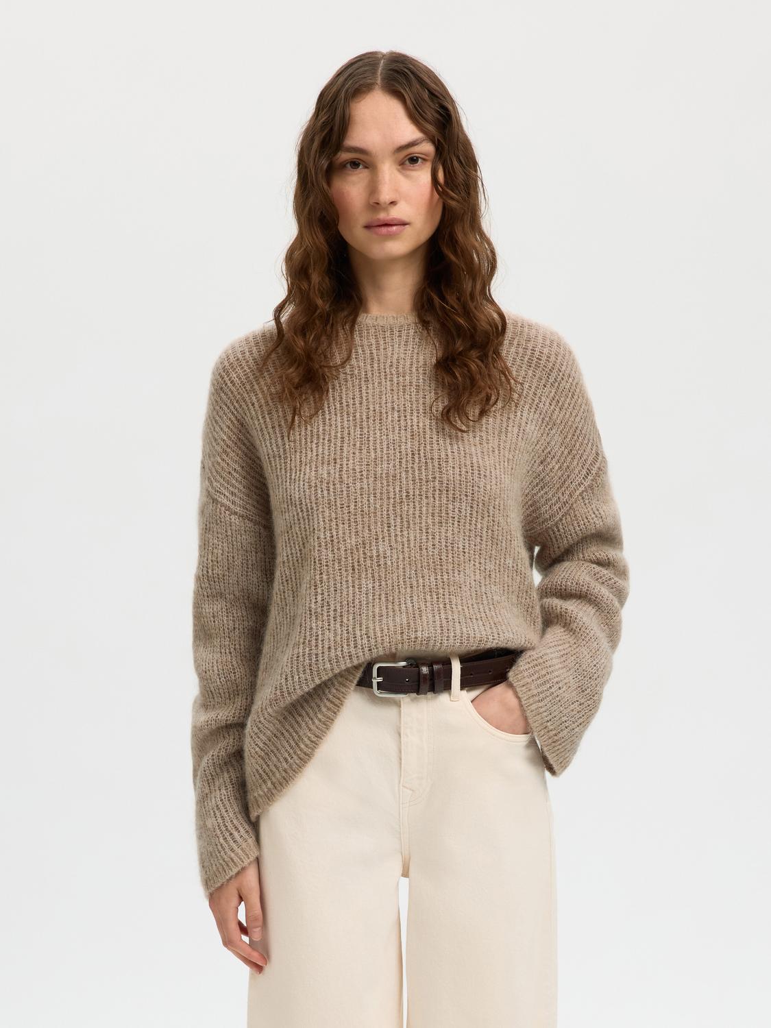 Slflulu Loose Ls Knit O-Neck Beige