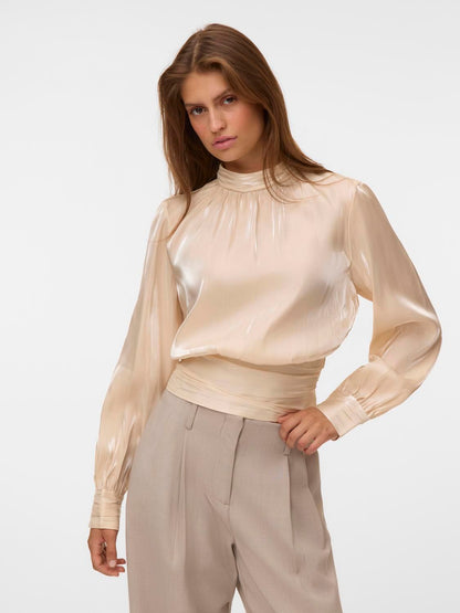 Vmpolly Ls High Neck Top Wvn Beige
