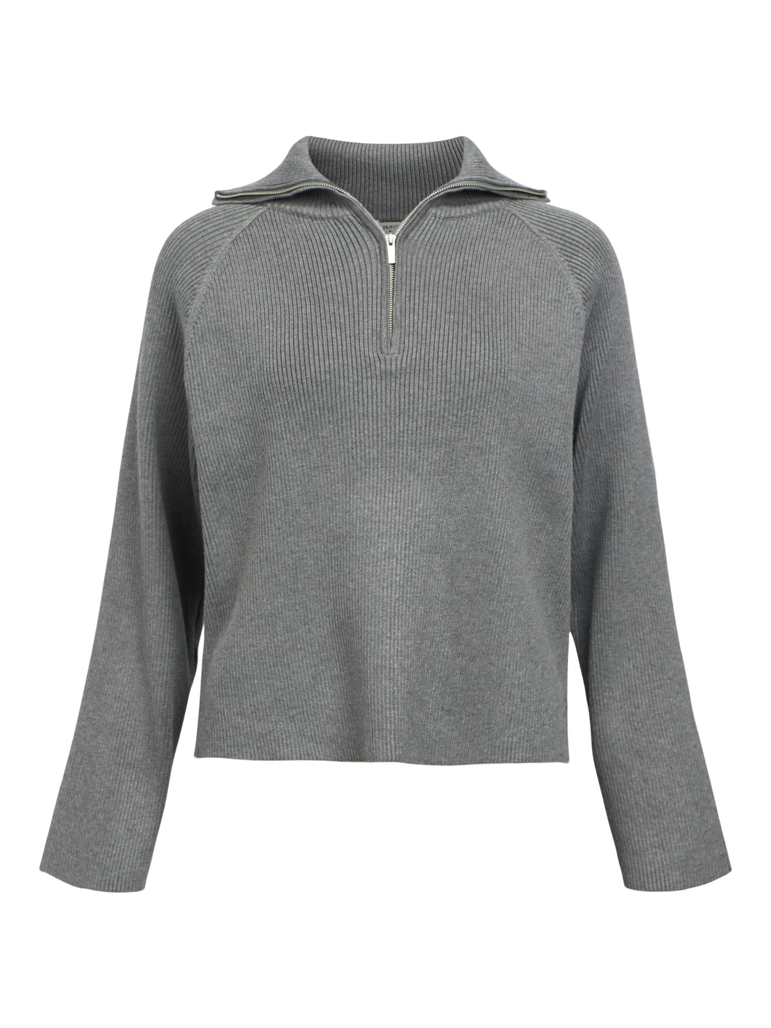 OBJELLY RE L/S ZIP KNIT PULLOVER Medium Grey Melange