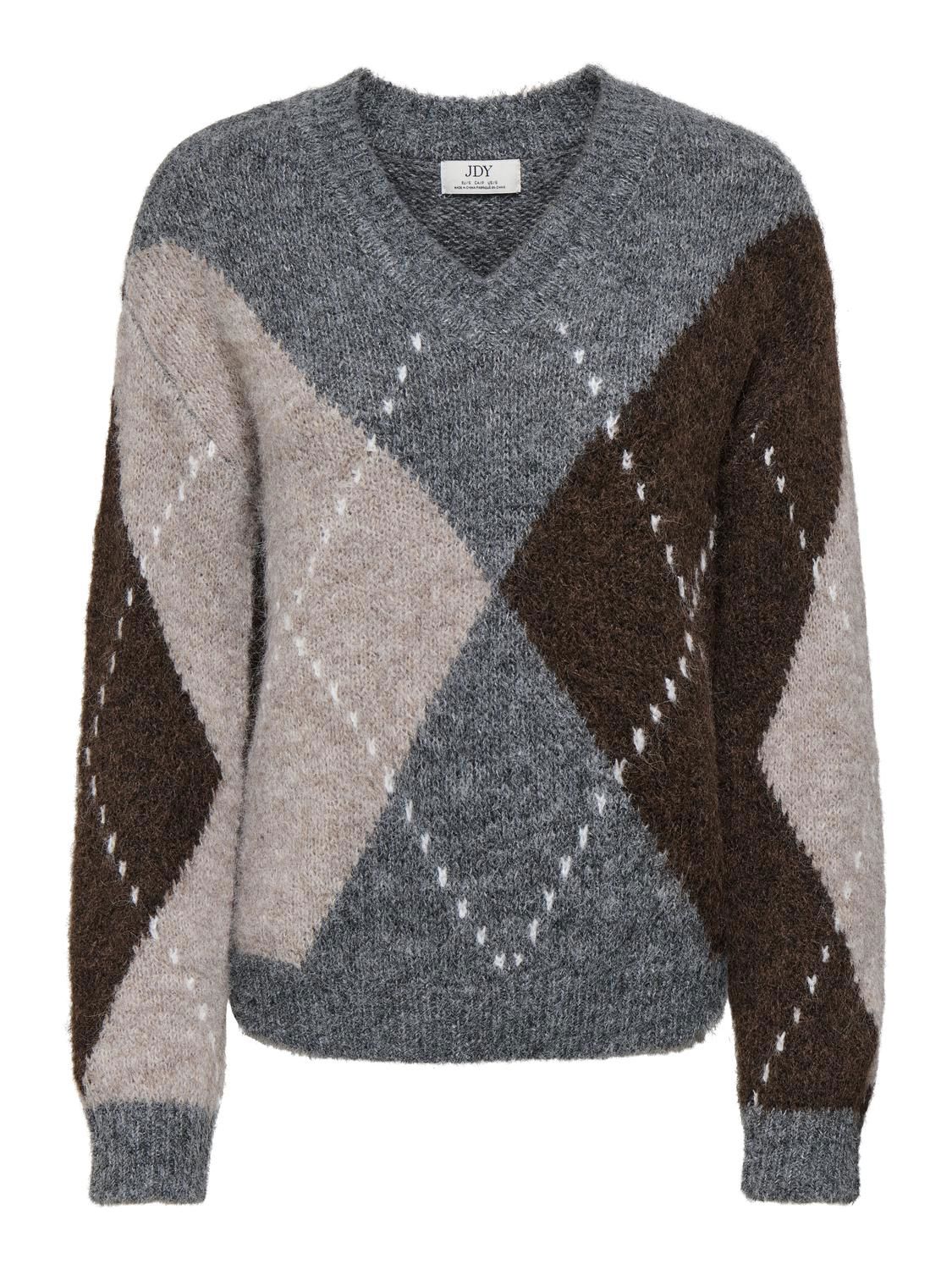 Jdyzoey L/s Vn Argyle Pullover Knt Noos Grå