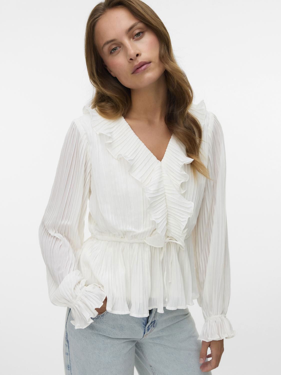 Vmdora L/s Frill Pleat Top Wvn Noos Hvit