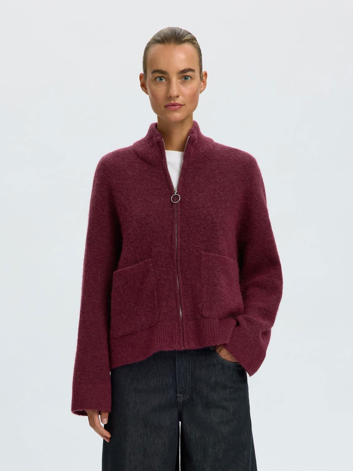 Slwsia Ras Ls Knit Zipper Cardigan Noos Burgunder