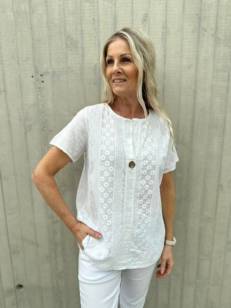 LINDA BRODERI TOPP M/KNAPP