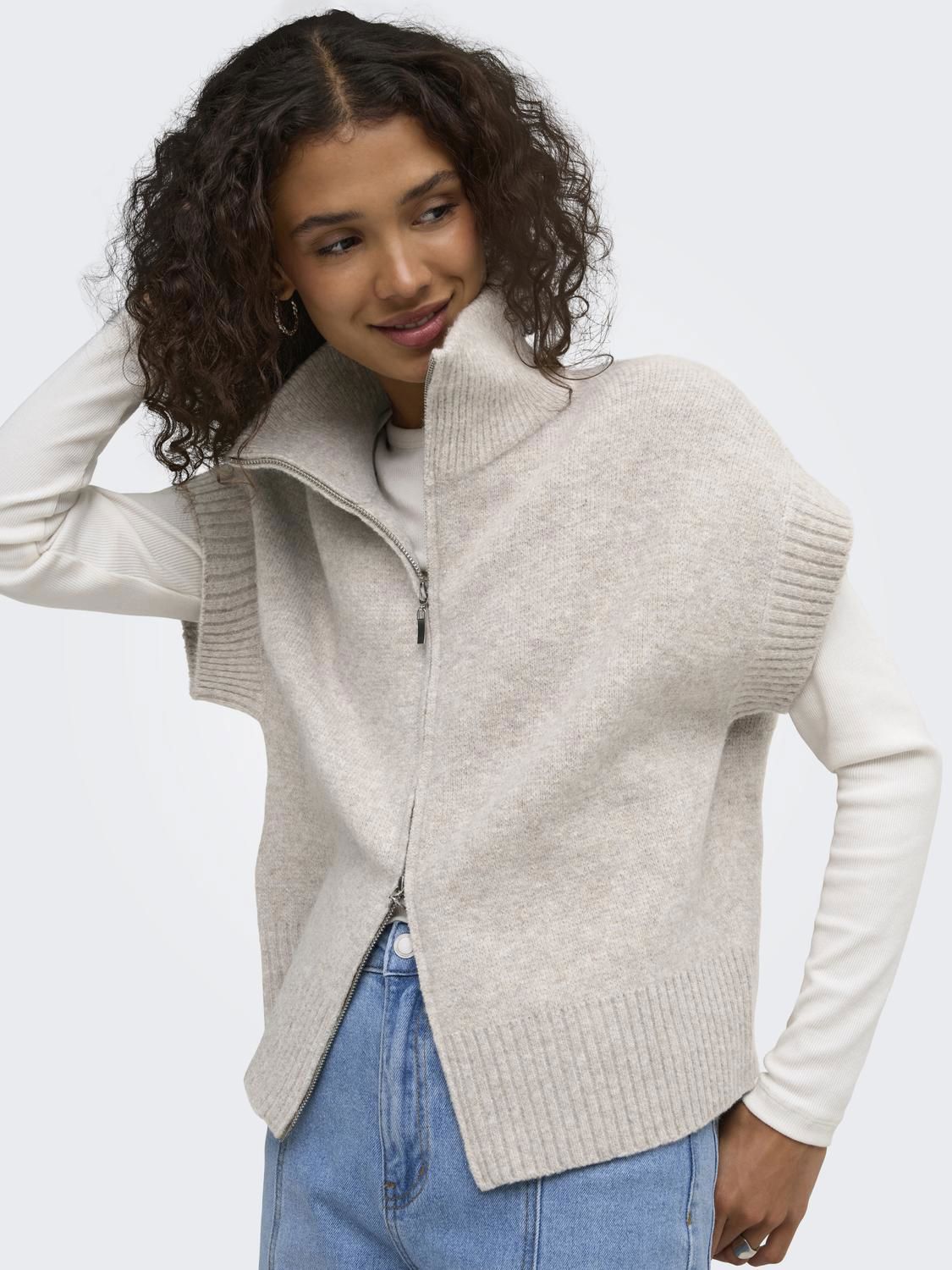 Jdylea S/l Hn 2way Zip Vest Knt Noos Beige