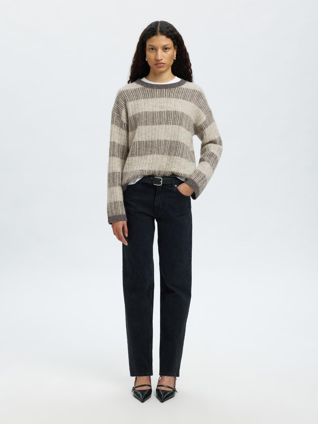 Slfalva Ls Knit Stripe O-Neck Grå
