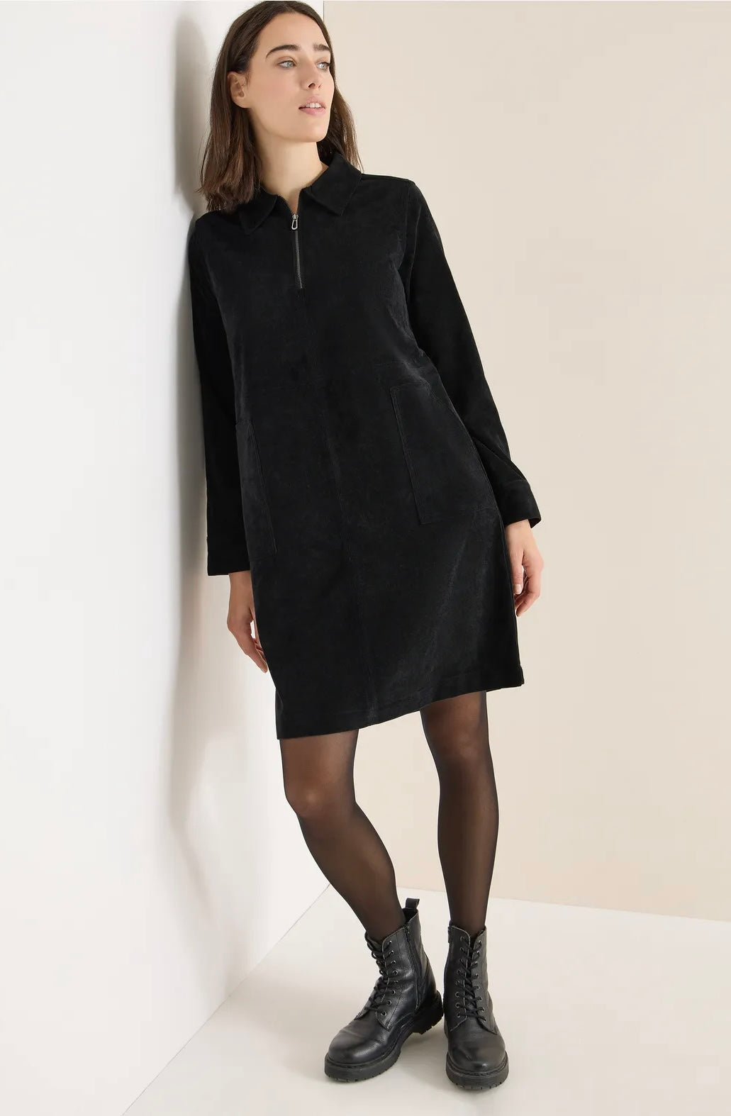 SOLID ZIPPER CORDUROY DRESS Svart