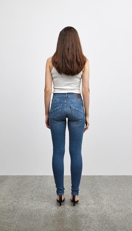 PZEMMA Highwaist Skinny Mellom Blå Denim