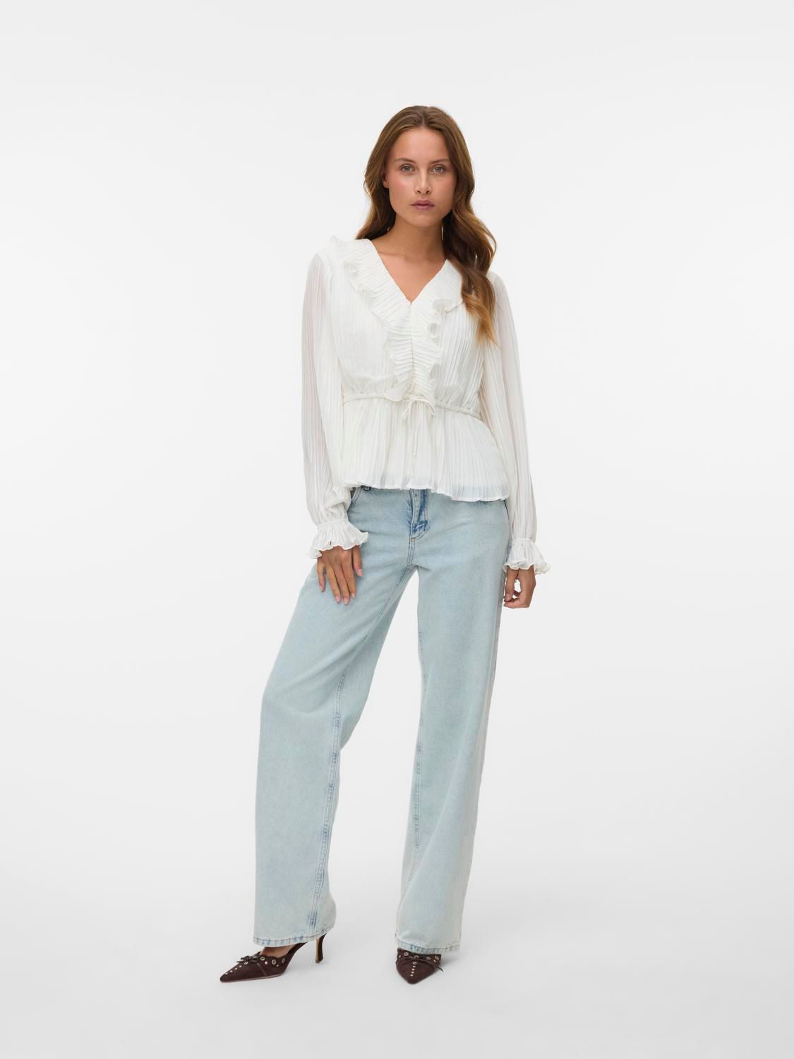 Vmdora L/s Frill Pleat Top Wvn Noos Hvit