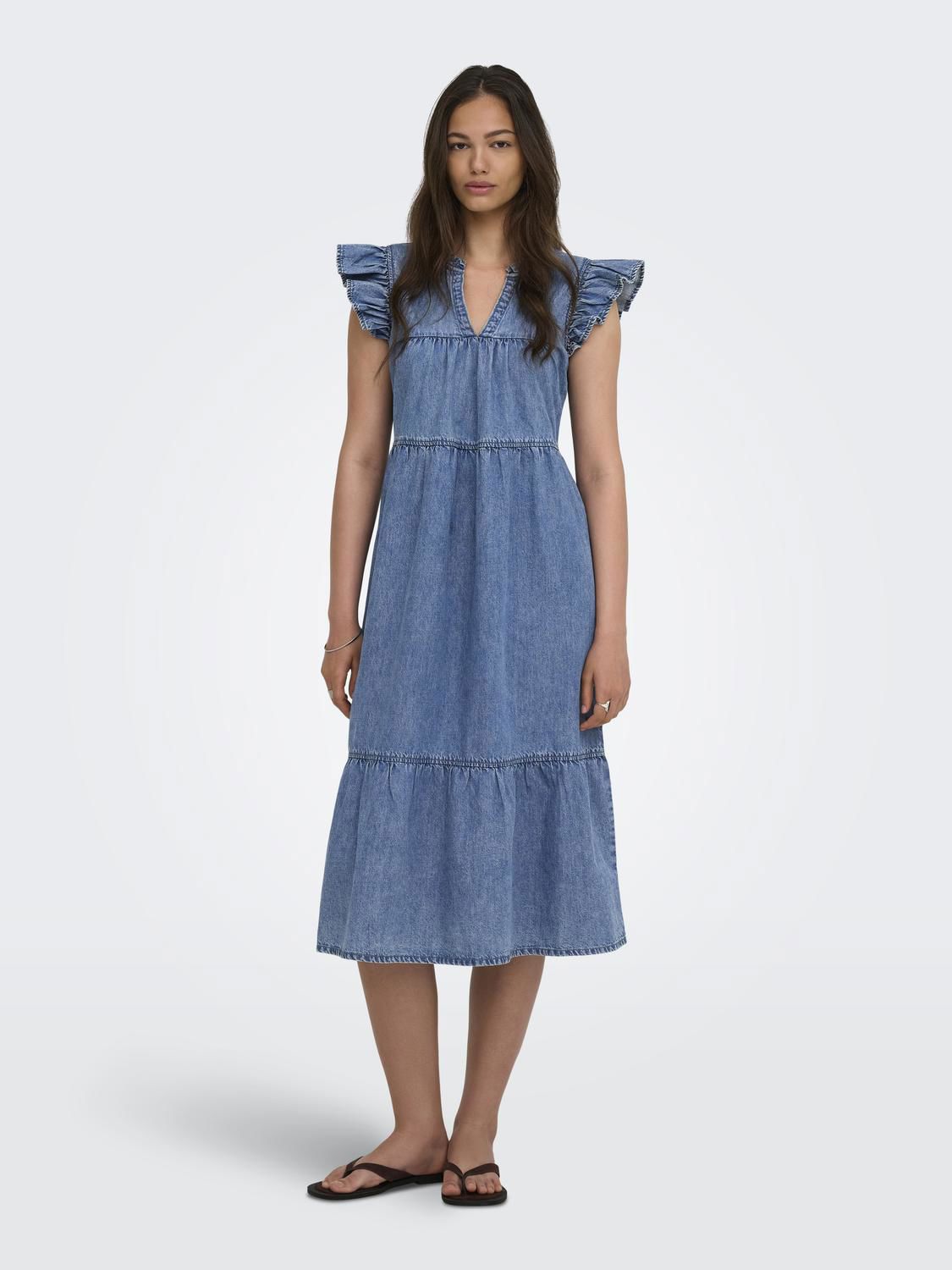 Onlshania S/l Frill Midi Dnm Dress Akm Blå