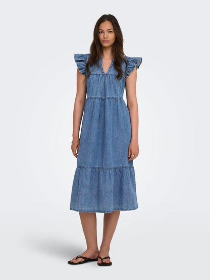 Onlshania S/l Frill Midi Dnm Dress Akm Blå