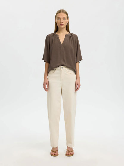 Slwviva 2/4 V-Neck Linen Blend Top Noos Beige