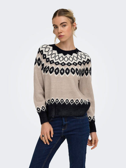 Onlrusty Ls Fair Isle O-Neck Bf Knt Blå