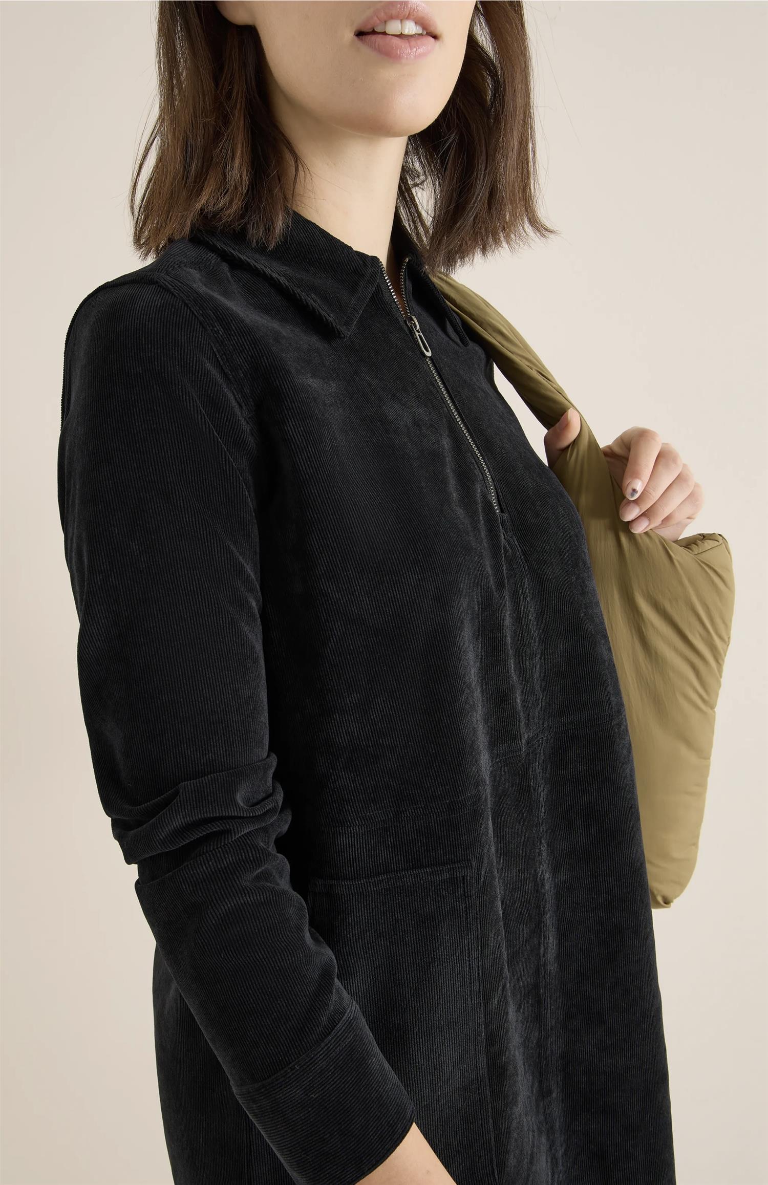 SOLID ZIPPER CORDUROY DRESS Svart